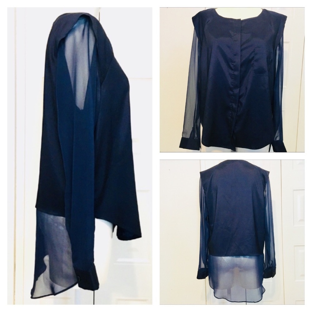 LIQUID NY boxy midnight blue sheer hi lo blouse size M
